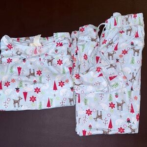 Holiday Pajama Set - Light Blue with Red & Green Print